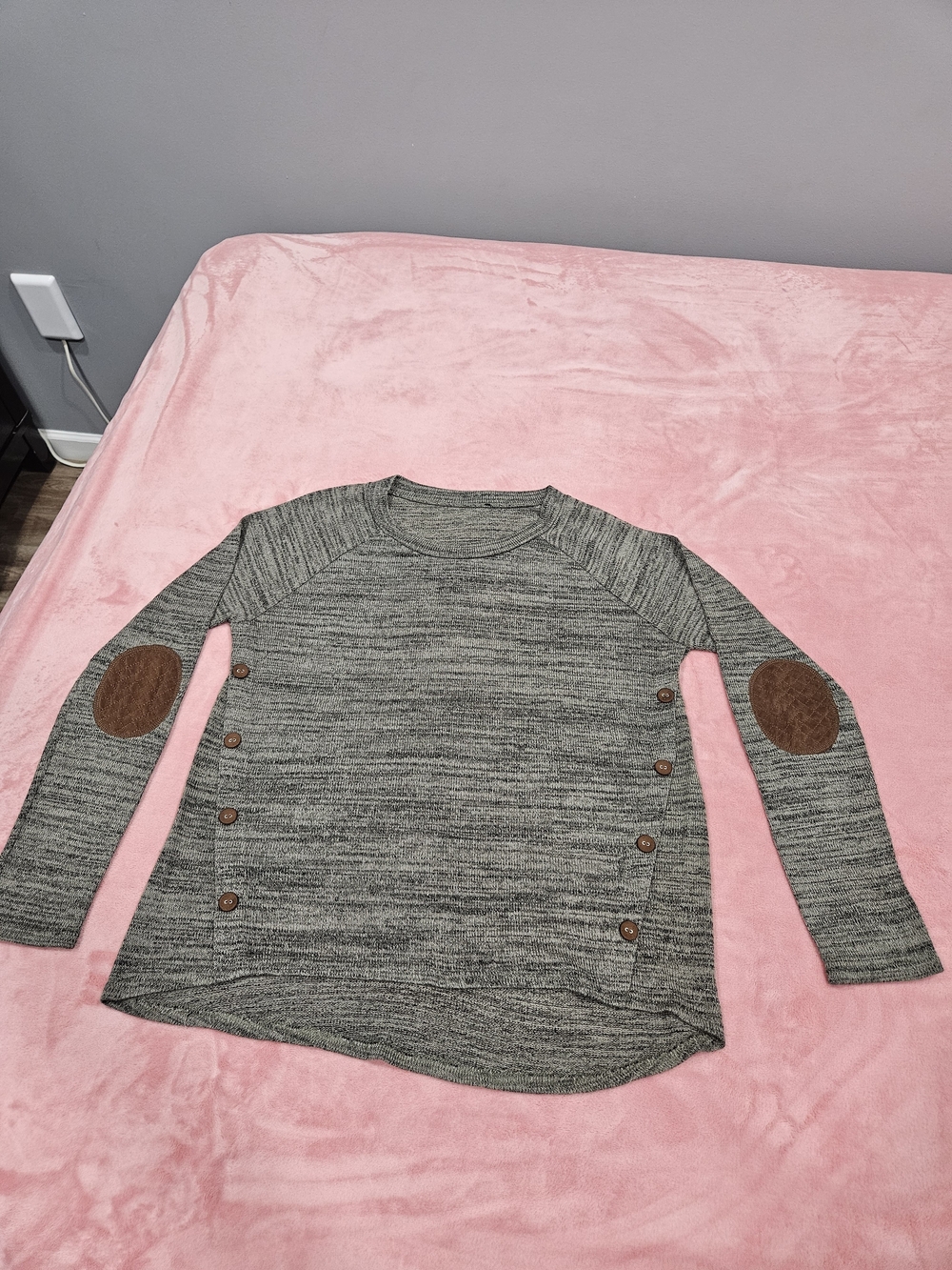 mine Gray Marled Crewneck Sweater with Brown Elbow Patches